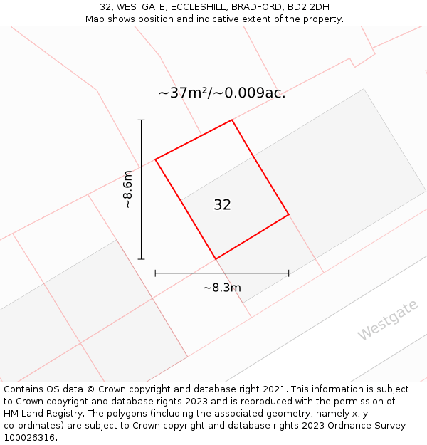32, WESTGATE, ECCLESHILL, BRADFORD, BD2 2DH: Plot and title map