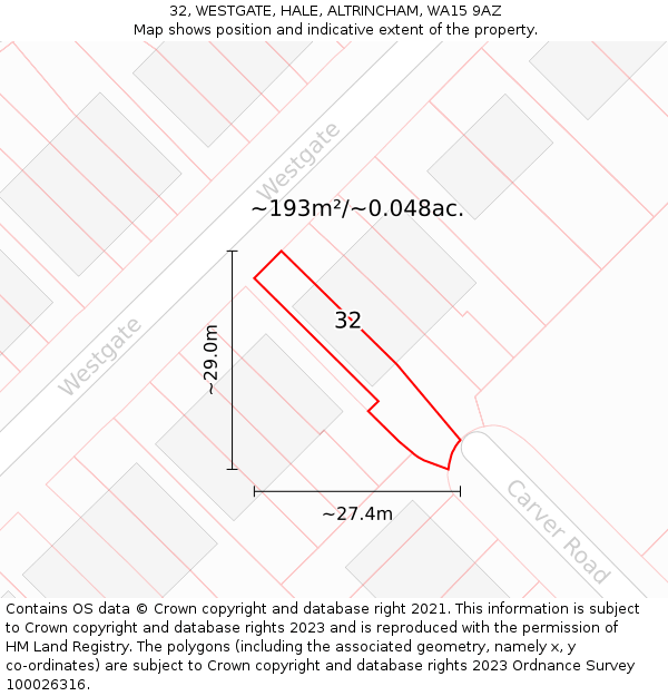 32, WESTGATE, HALE, ALTRINCHAM, WA15 9AZ: Plot and title map
