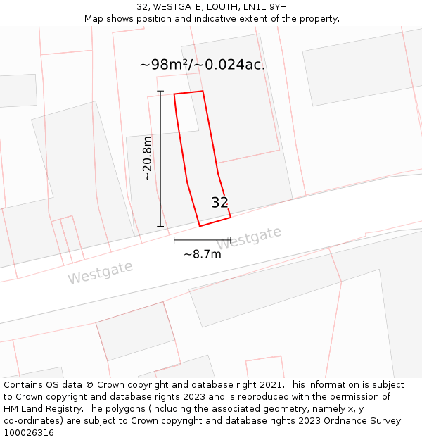 32, WESTGATE, LOUTH, LN11 9YH: Plot and title map