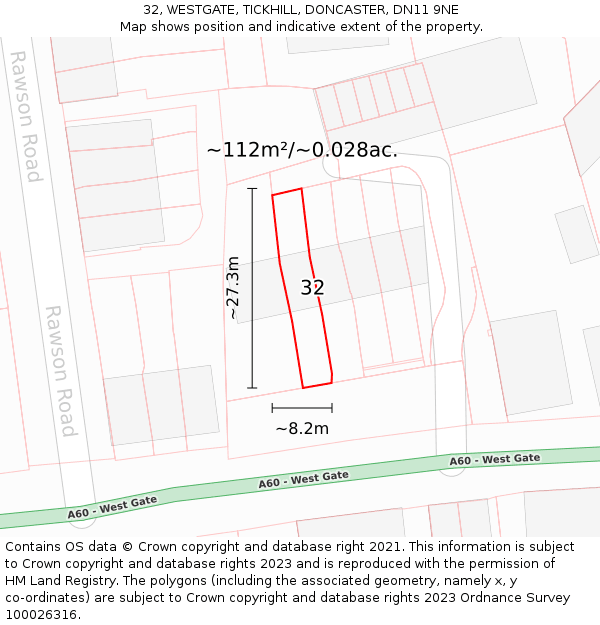 32, WESTGATE, TICKHILL, DONCASTER, DN11 9NE: Plot and title map