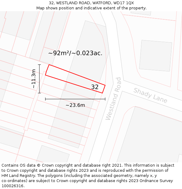 32, WESTLAND ROAD, WATFORD, WD17 1QX: Plot and title map