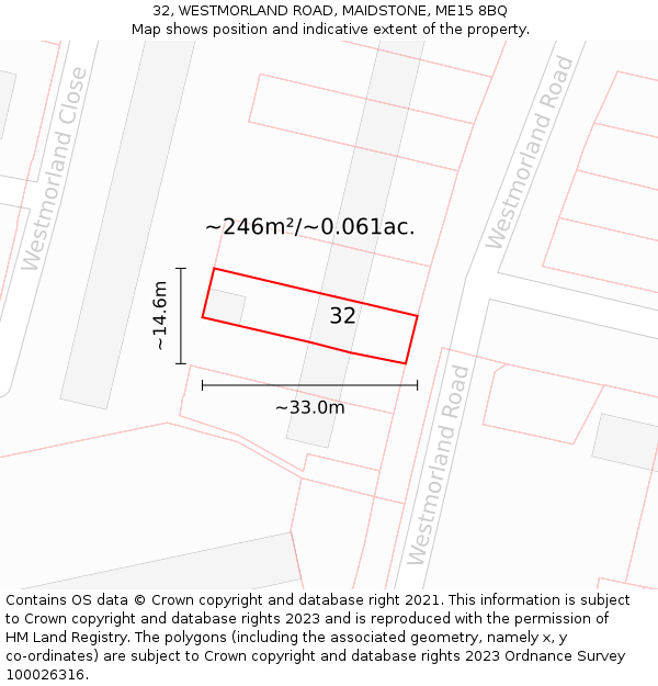 32, WESTMORLAND ROAD, MAIDSTONE, ME15 8BQ: Plot and title map