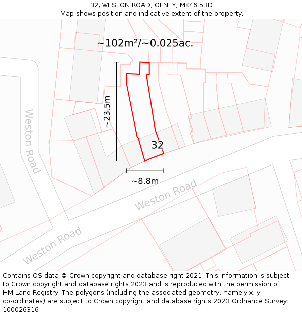 32, WESTON ROAD, OLNEY, MK46 5BD: Plot and title map