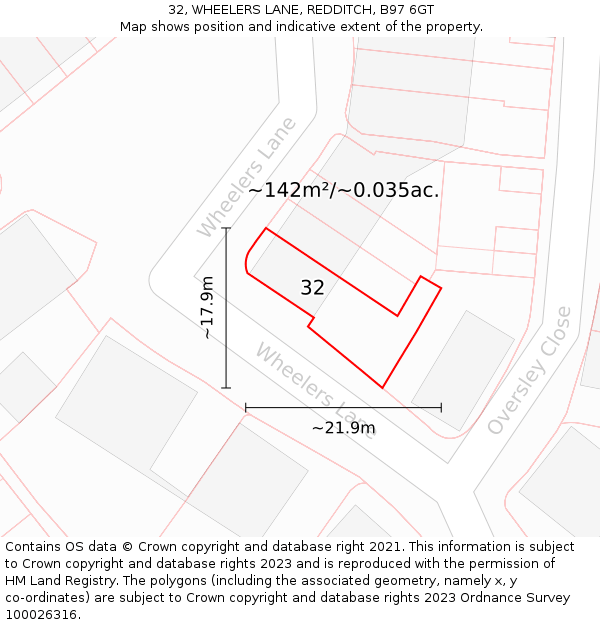 32, WHEELERS LANE, REDDITCH, B97 6GT: Plot and title map
