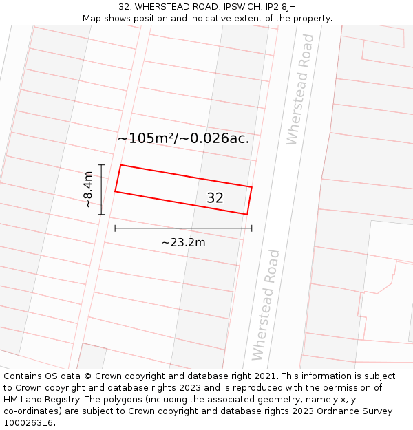 32, WHERSTEAD ROAD, IPSWICH, IP2 8JH: Plot and title map