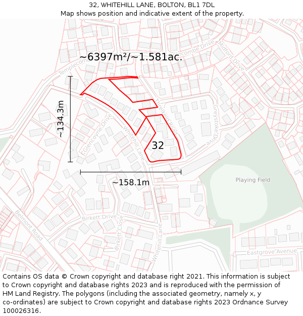 32, WHITEHILL LANE, BOLTON, BL1 7DL: Plot and title map