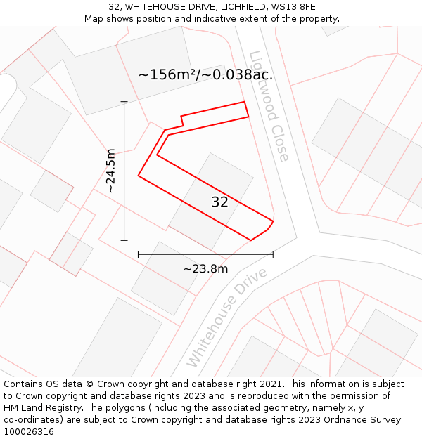 32, WHITEHOUSE DRIVE, LICHFIELD, WS13 8FE: Plot and title map