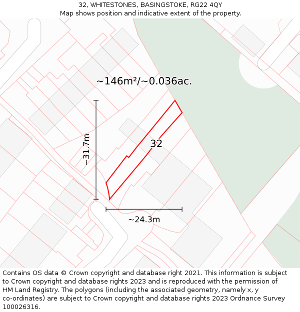 32, WHITESTONES, BASINGSTOKE, RG22 4QY: Plot and title map