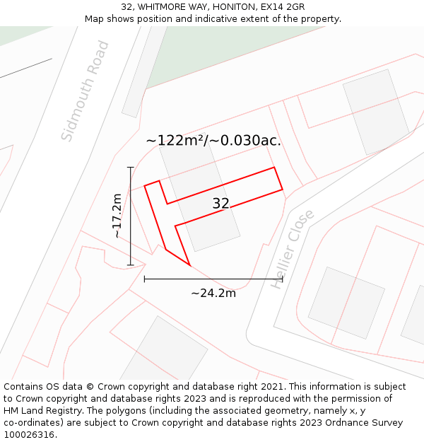 32, WHITMORE WAY, HONITON, EX14 2GR: Plot and title map
