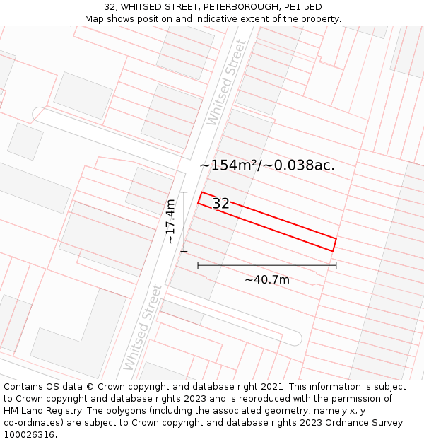 32, WHITSED STREET, PETERBOROUGH, PE1 5ED: Plot and title map
