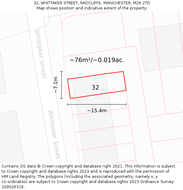 32, WHITTAKER STREET, RADCLIFFE, MANCHESTER, M26 2TD: Plot and title map