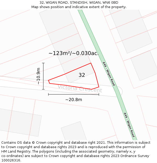 32, WIGAN ROAD, STANDISH, WIGAN, WN6 0BD: Plot and title map