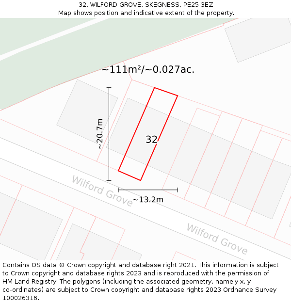 32, WILFORD GROVE, SKEGNESS, PE25 3EZ: Plot and title map