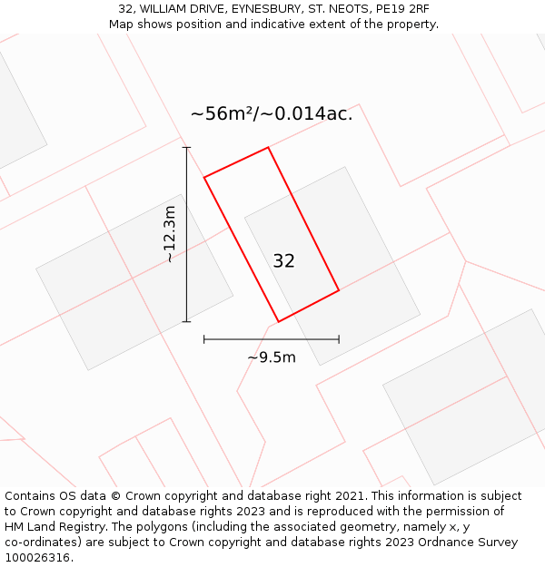 32, WILLIAM DRIVE, EYNESBURY, ST. NEOTS, PE19 2RF: Plot and title map
