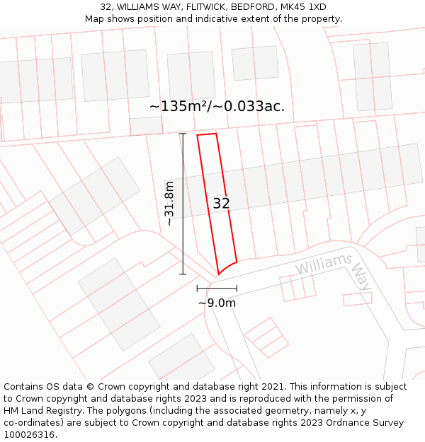 32, WILLIAMS WAY, FLITWICK, BEDFORD, MK45 1XD: Plot and title map