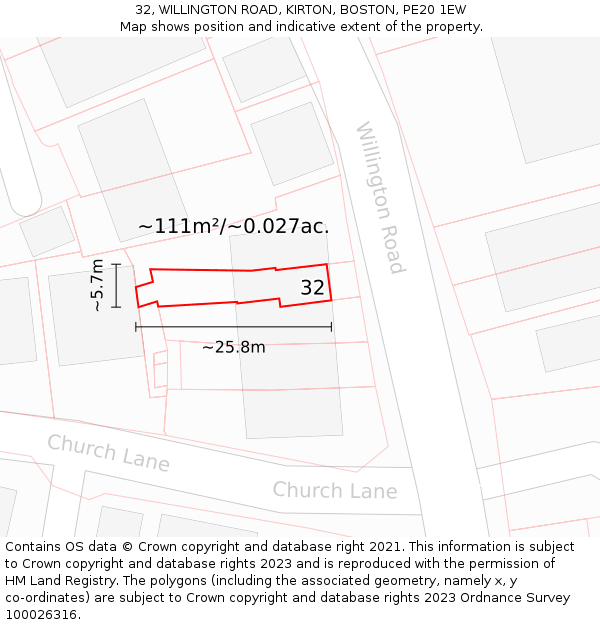 32, WILLINGTON ROAD, KIRTON, BOSTON, PE20 1EW: Plot and title map