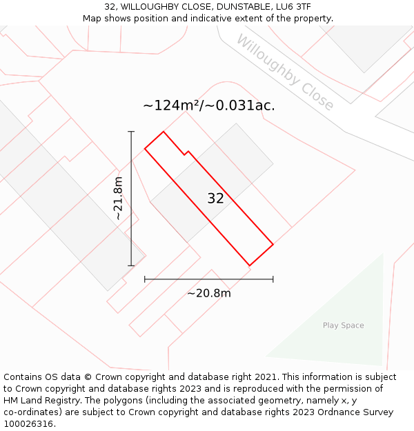 32, WILLOUGHBY CLOSE, DUNSTABLE, LU6 3TF: Plot and title map