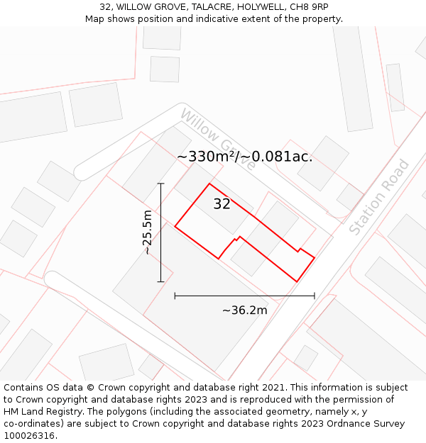 32, WILLOW GROVE, TALACRE, HOLYWELL, CH8 9RP: Plot and title map