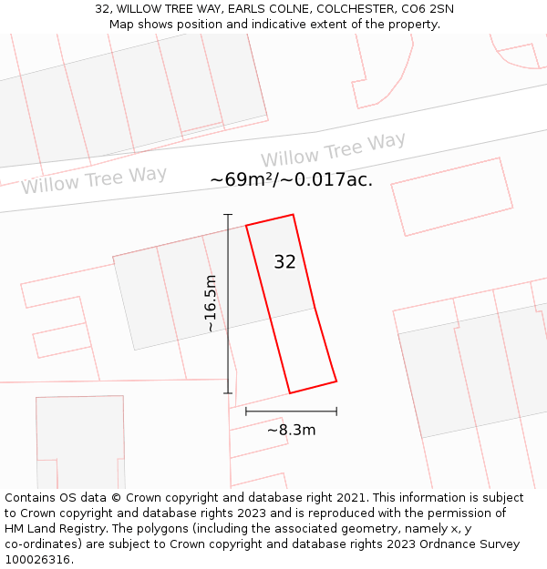 32, WILLOW TREE WAY, EARLS COLNE, COLCHESTER, CO6 2SN: Plot and title map