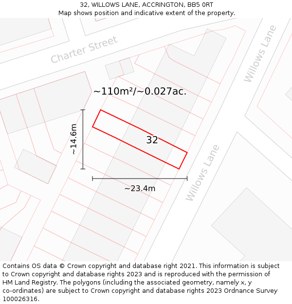 32, WILLOWS LANE, ACCRINGTON, BB5 0RT: Plot and title map