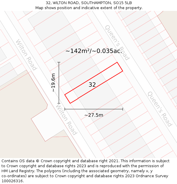 32, WILTON ROAD, SOUTHAMPTON, SO15 5LB: Plot and title map