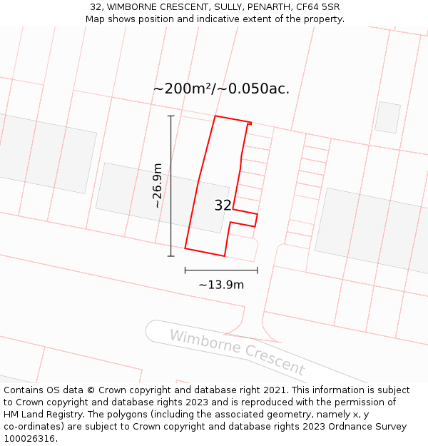 32, WIMBORNE CRESCENT, SULLY, PENARTH, CF64 5SR: Plot and title map