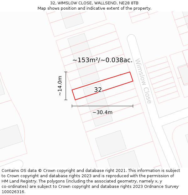 32, WIMSLOW CLOSE, WALLSEND, NE28 8TB: Plot and title map