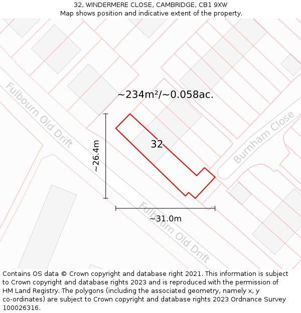 32, WINDERMERE CLOSE, CAMBRIDGE, CB1 9XW: Plot and title map