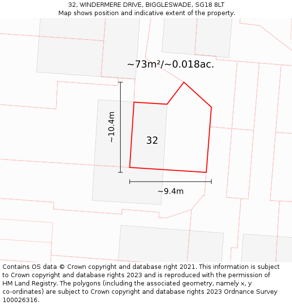 32, WINDERMERE DRIVE, BIGGLESWADE, SG18 8LT: Plot and title map