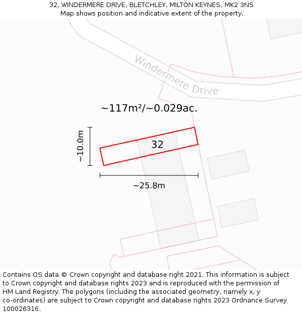 32, WINDERMERE DRIVE, BLETCHLEY, MILTON KEYNES, MK2 3NS: Plot and title map
