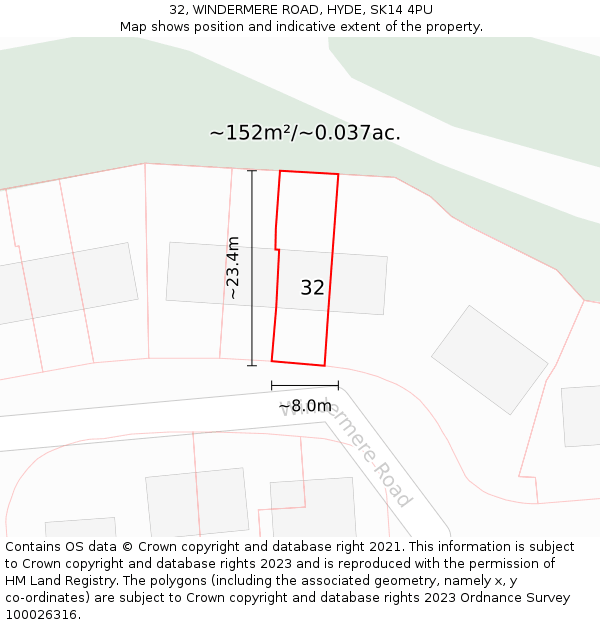 32, WINDERMERE ROAD, HYDE, SK14 4PU: Plot and title map