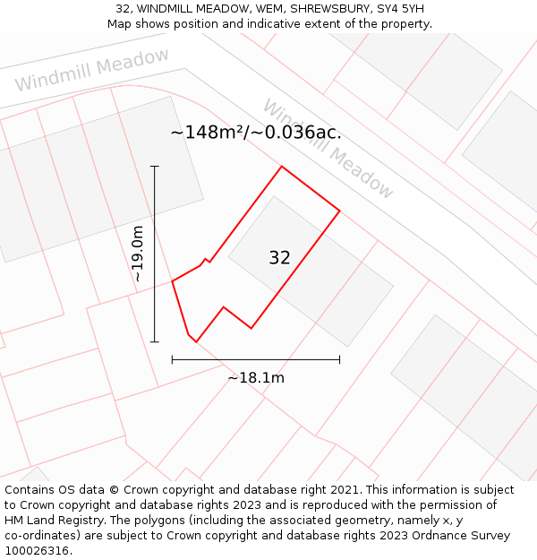 32, WINDMILL MEADOW, WEM, SHREWSBURY, SY4 5YH: Plot and title map