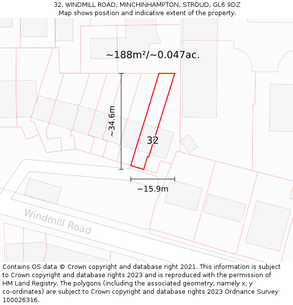 32, WINDMILL ROAD, MINCHINHAMPTON, STROUD, GL6 9DZ: Plot and title map