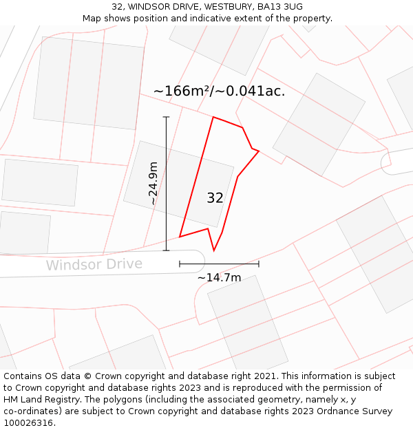 32, WINDSOR DRIVE, WESTBURY, BA13 3UG: Plot and title map