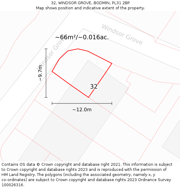32, WINDSOR GROVE, BODMIN, PL31 2BP: Plot and title map