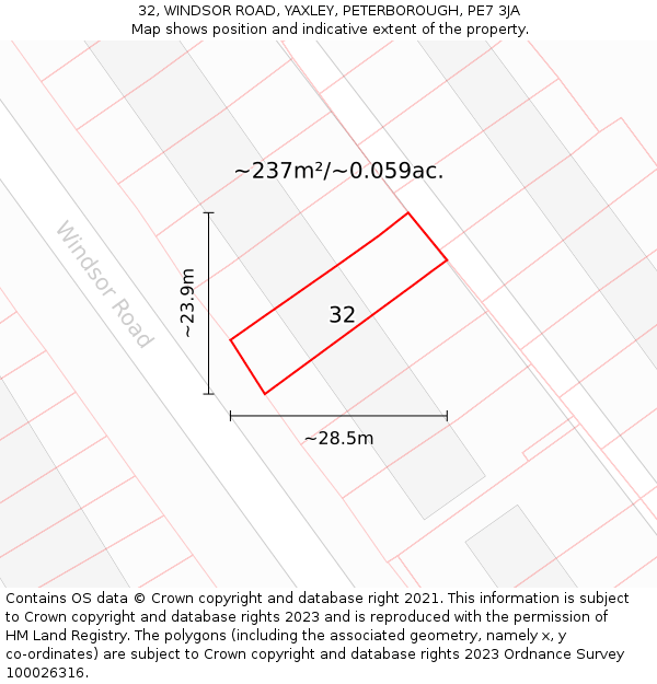 32, WINDSOR ROAD, YAXLEY, PETERBOROUGH, PE7 3JA: Plot and title map