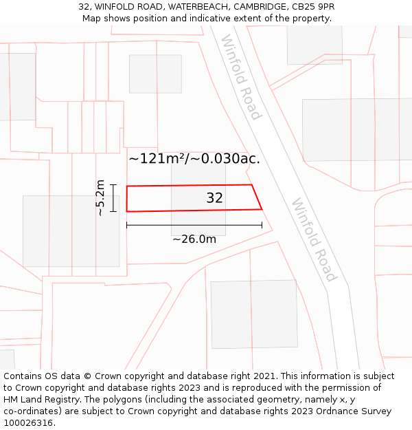 32, WINFOLD ROAD, WATERBEACH, CAMBRIDGE, CB25 9PR: Plot and title map
