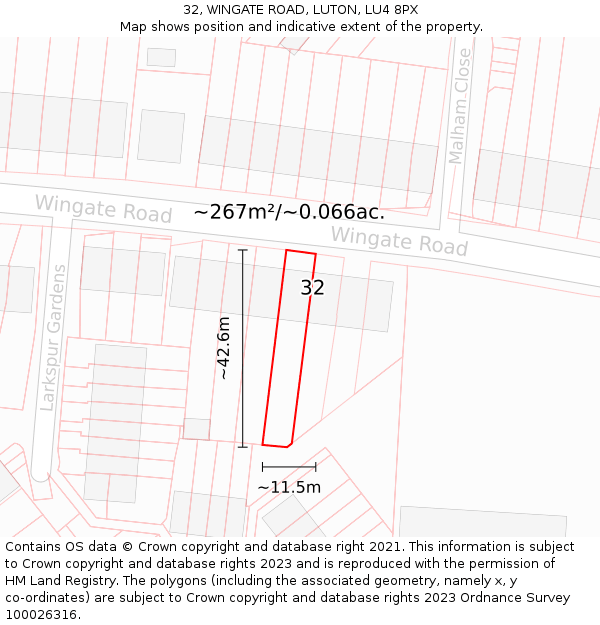 32, WINGATE ROAD, LUTON, LU4 8PX: Plot and title map