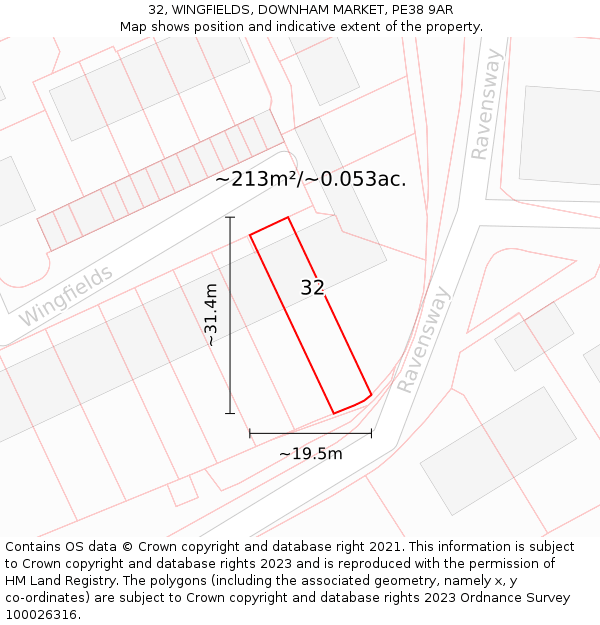 32, WINGFIELDS, DOWNHAM MARKET, PE38 9AR: Plot and title map