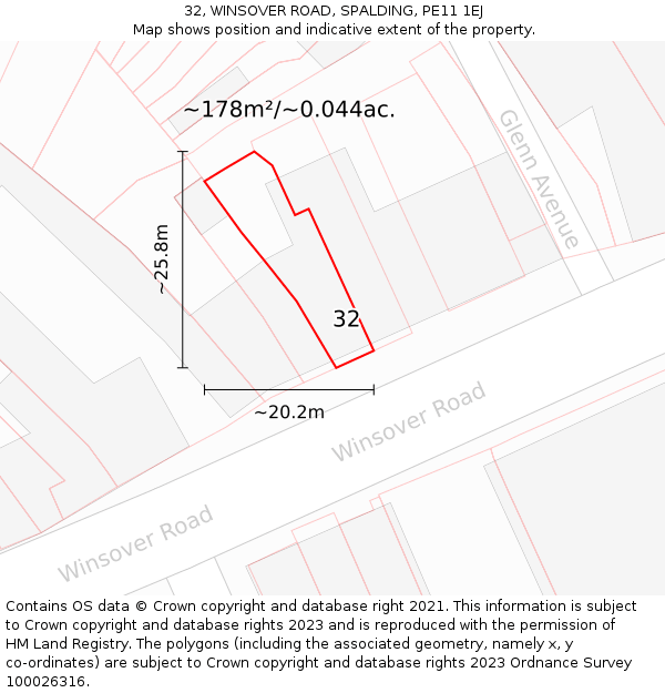 32, WINSOVER ROAD, SPALDING, PE11 1EJ: Plot and title map