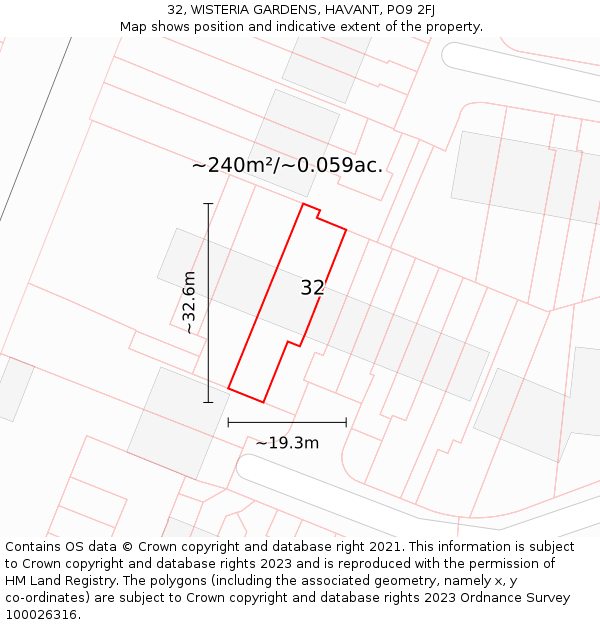 32, WISTERIA GARDENS, HAVANT, PO9 2FJ: Plot and title map