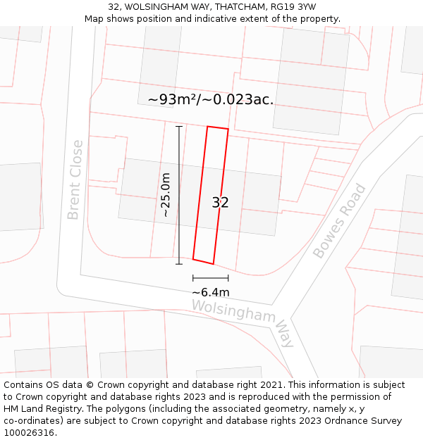 32, WOLSINGHAM WAY, THATCHAM, RG19 3YW: Plot and title map