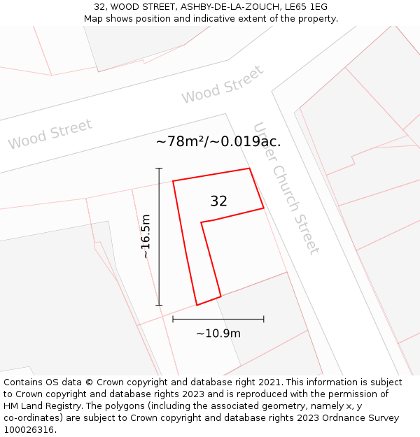 32, WOOD STREET, ASHBY-DE-LA-ZOUCH, LE65 1EG: Plot and title map