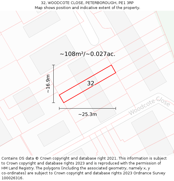 32, WOODCOTE CLOSE, PETERBOROUGH, PE1 3RP: Plot and title map
