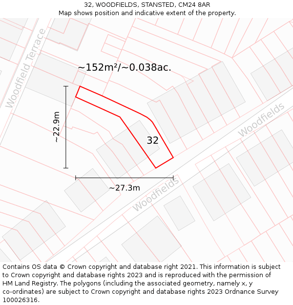 32, WOODFIELDS, STANSTED, CM24 8AR: Plot and title map