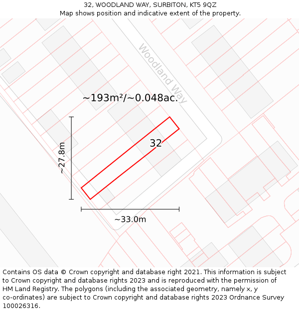 32, WOODLAND WAY, SURBITON, KT5 9QZ: Plot and title map
