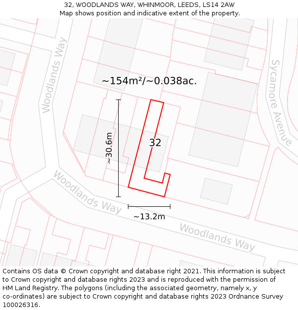 32, WOODLANDS WAY, WHINMOOR, LEEDS, LS14 2AW: Plot and title map