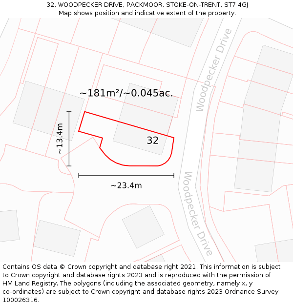 32, WOODPECKER DRIVE, PACKMOOR, STOKE-ON-TRENT, ST7 4GJ: Plot and title map
