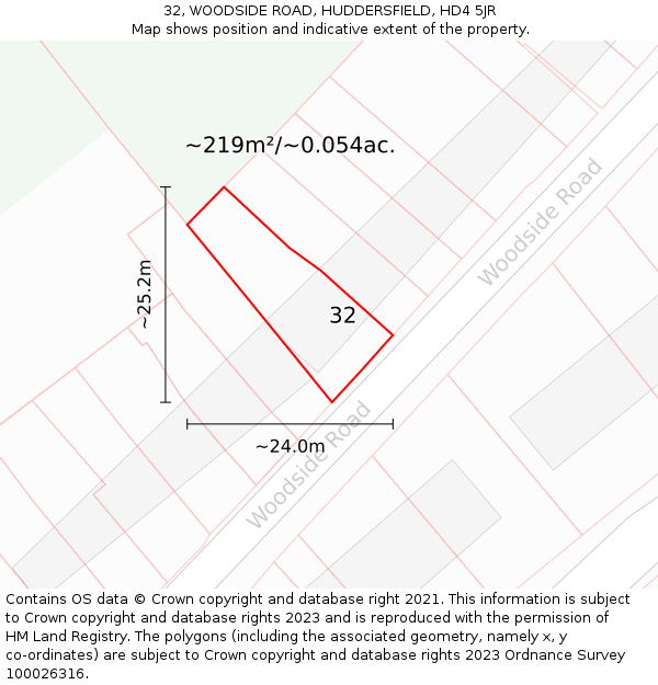 32, WOODSIDE ROAD, HUDDERSFIELD, HD4 5JR: Plot and title map