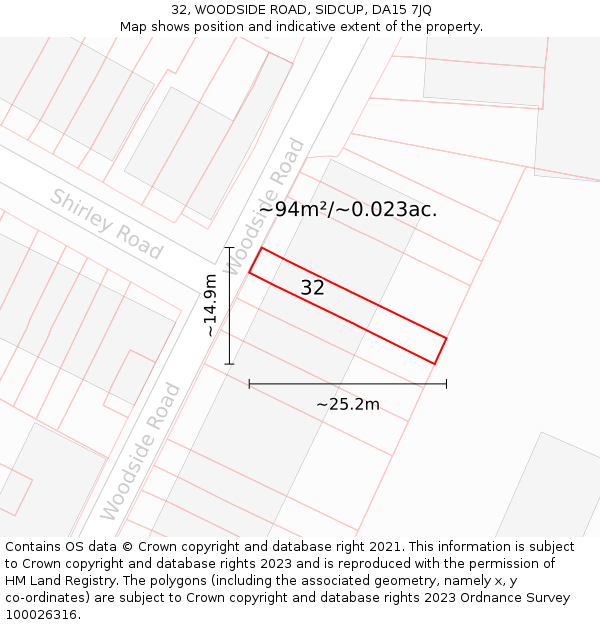 32, WOODSIDE ROAD, SIDCUP, DA15 7JQ: Plot and title map